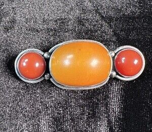 Vintage Baltic Butterscotch Amber & Mediterranean Coral Brooch – Sterling Silver